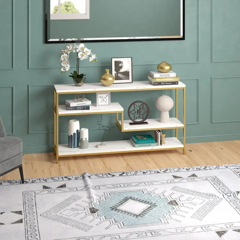 Console rectangulaire de 140 cm de large avec plateau en faux marbre