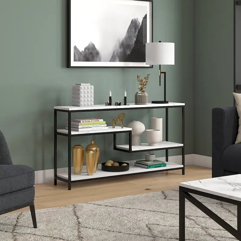 Console rectangulaire de 140 cm de large avec plateau en faux marbre