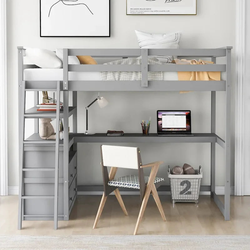 Lit mezzanine simple avec bureau et étagères, deux tiroirs intégrés