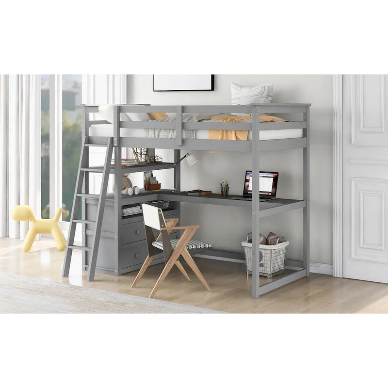 Lit mezzanine simple avec bureau et étagères, deux tiroirs intégrés
