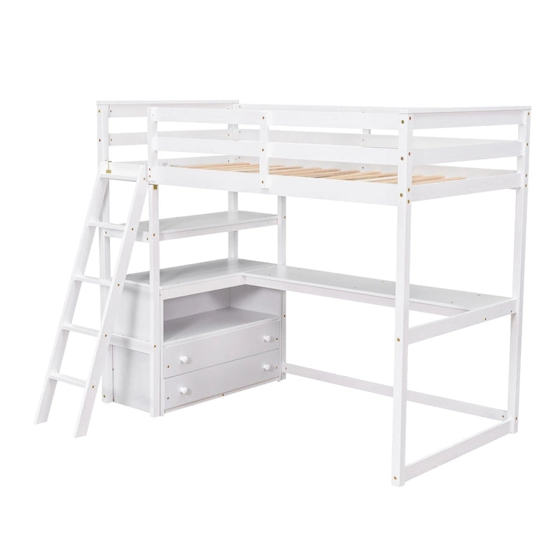 Lit mezzanine simple avec bureau et étagères, deux tiroirs intégrés
