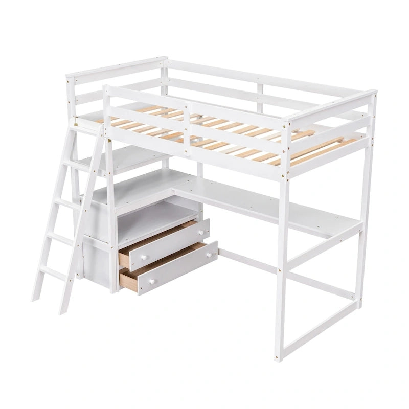 Lit mezzanine simple avec bureau et étagères, deux tiroirs intégrés