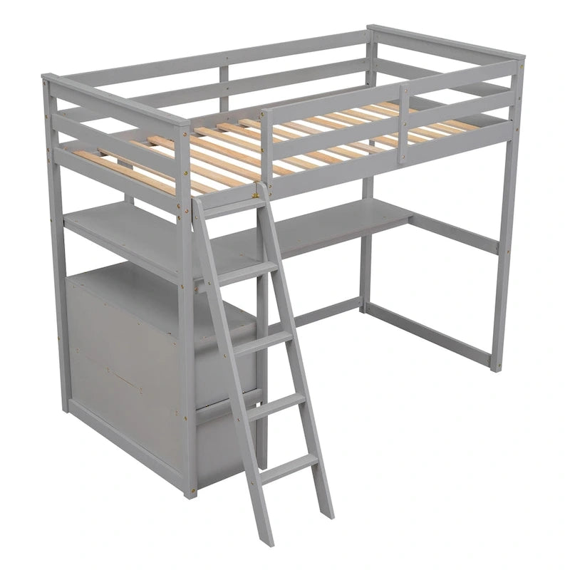 Lit mezzanine simple avec bureau et étagères, deux tiroirs intégrés