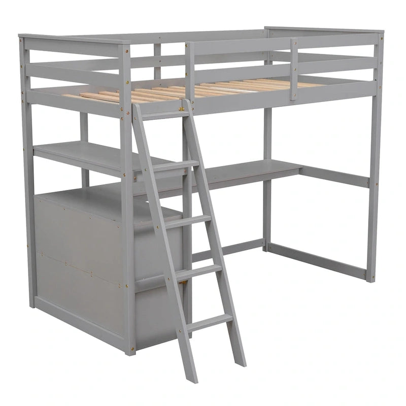 Lit mezzanine simple avec bureau et étagères, deux tiroirs intégrés
