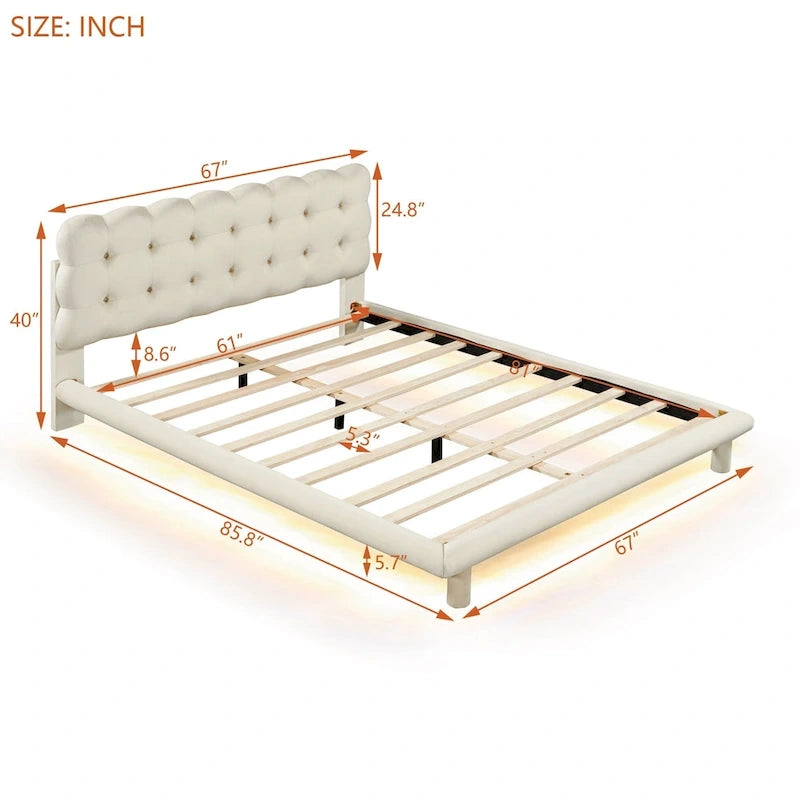 Lit plateforme double en velours avec cadre LED, tissu épais et doux et tête de lit capitonnée, beige