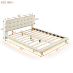 Lit plateforme double en velours avec cadre LED, tissu épais et doux et tête de lit capitonnée, beige