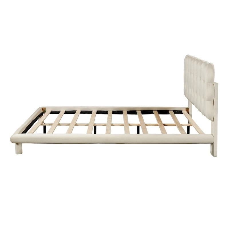 Lit plateforme double en velours avec cadre LED, tissu épais et doux et tête de lit capitonnée, beige