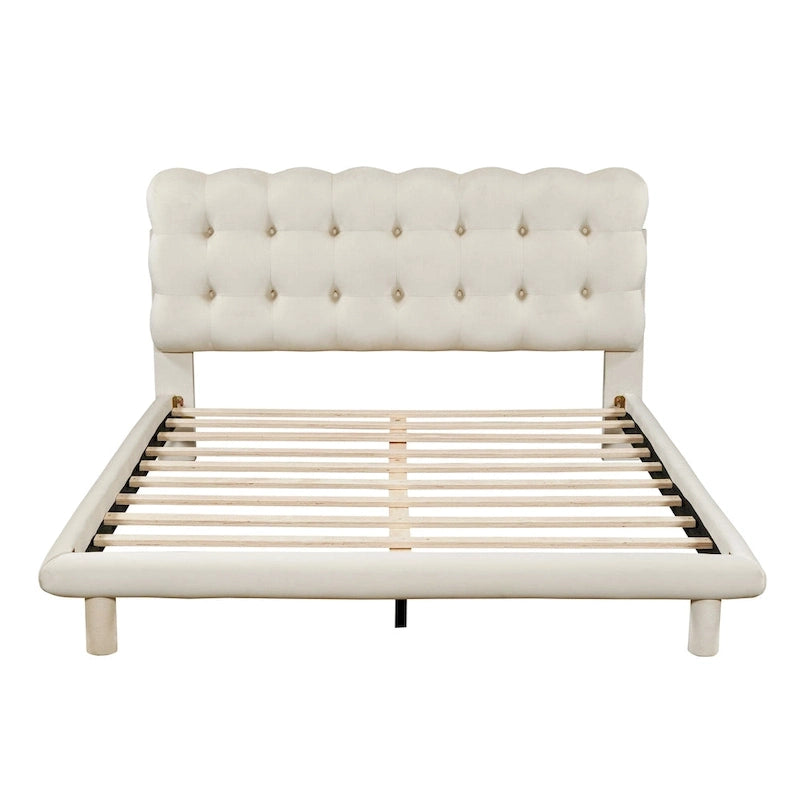 Lit plateforme double en velours avec cadre LED, tissu épais et doux et tête de lit capitonnée, beige
