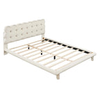 Lit plateforme double en velours avec cadre LED, tissu épais et doux et tête de lit capitonnée, beige