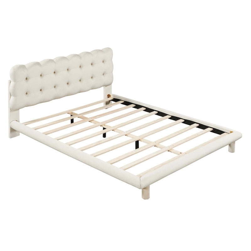 Lit plateforme double en velours avec cadre LED, tissu épais et doux et tête de lit capitonnée, beige