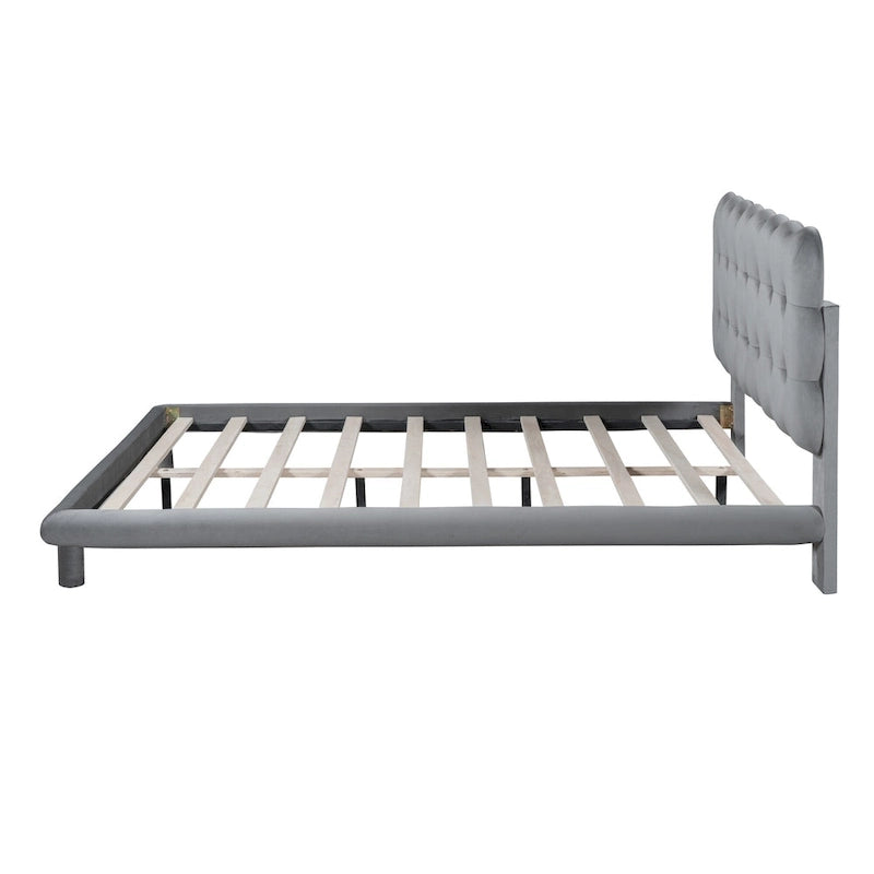 Lit plateforme double en velours avec cadre LED, tissu épais et doux et tête de lit capitonnée, beige