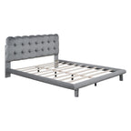 Lit plateforme double en velours avec cadre LED, tissu épais et doux et tête de lit capitonnée, beige