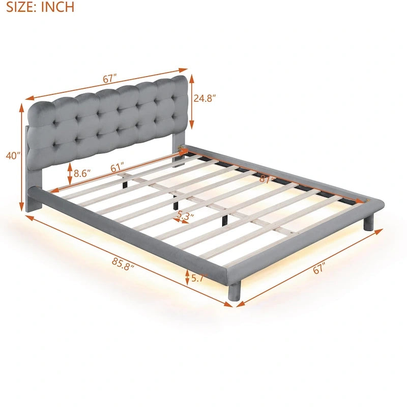 Lit plateforme double en velours avec cadre LED, tissu épais et doux et tête de lit capitonnée, beige