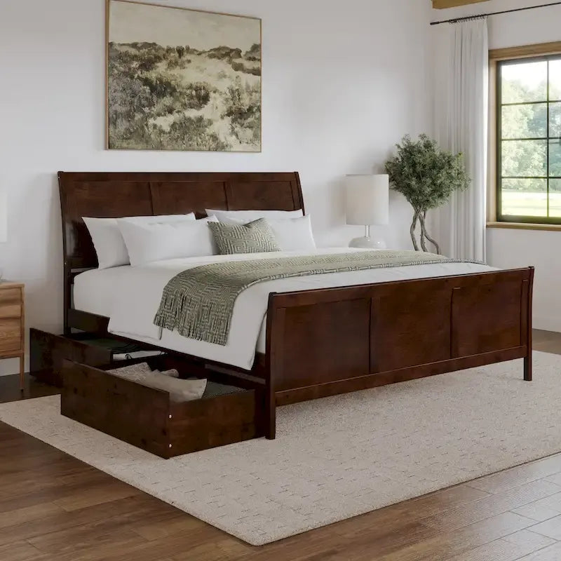 Lit plateforme Portland avec pied de lit et tiroirs de rangement assortis