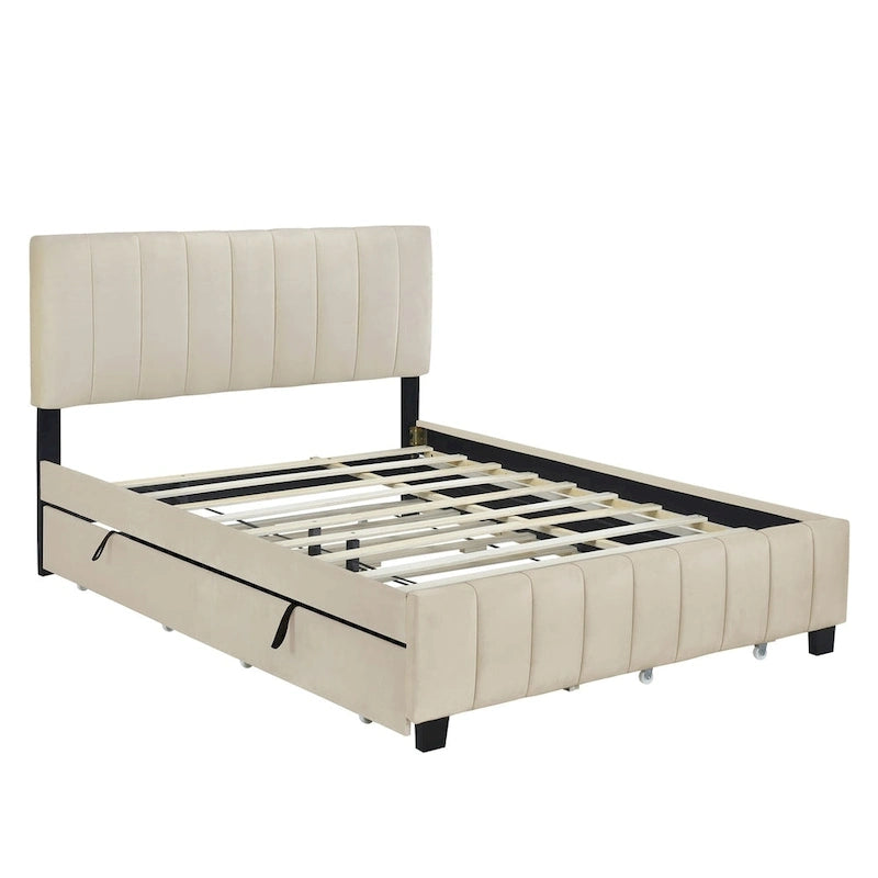 Lit plate-forme capitonné en velours Queen Size avec 2 tiroirs et 1 lit gigogne Twin XL
