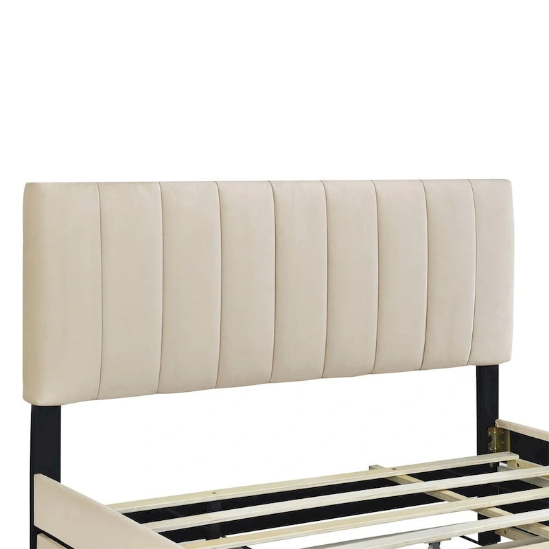 Lit plate-forme capitonné en velours Queen Size avec 2 tiroirs et 1 lit gigogne Twin XL
