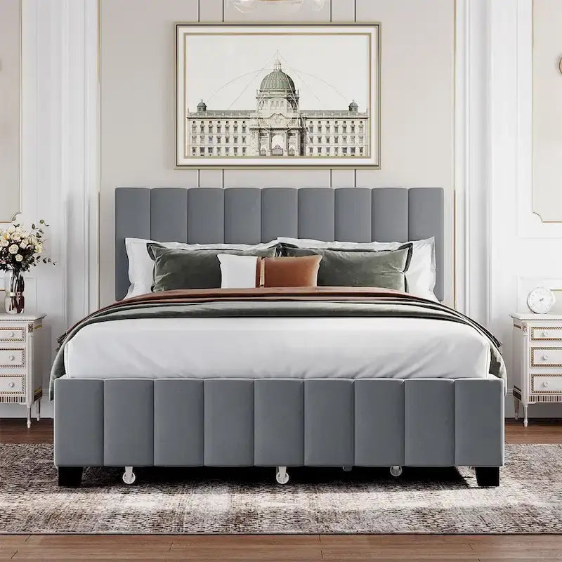 Lit plate-forme capitonné en velours Queen Size avec 2 tiroirs et 1 lit gigogne Twin XL