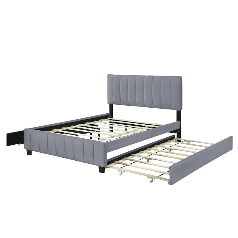Lit plate-forme capitonné en velours Queen Size avec 2 tiroirs et 1 lit gigogne Twin XL