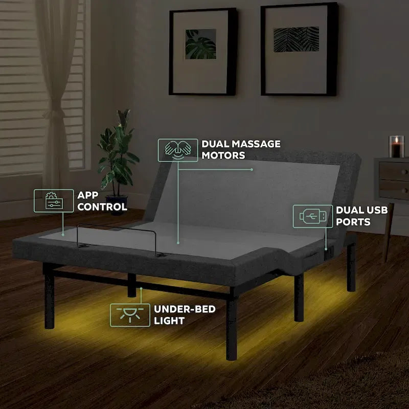 Cadre de lit réglable avec matelas hybride de 35,5 cm, double massage USB, contrôle par application, télécommande - King séparable