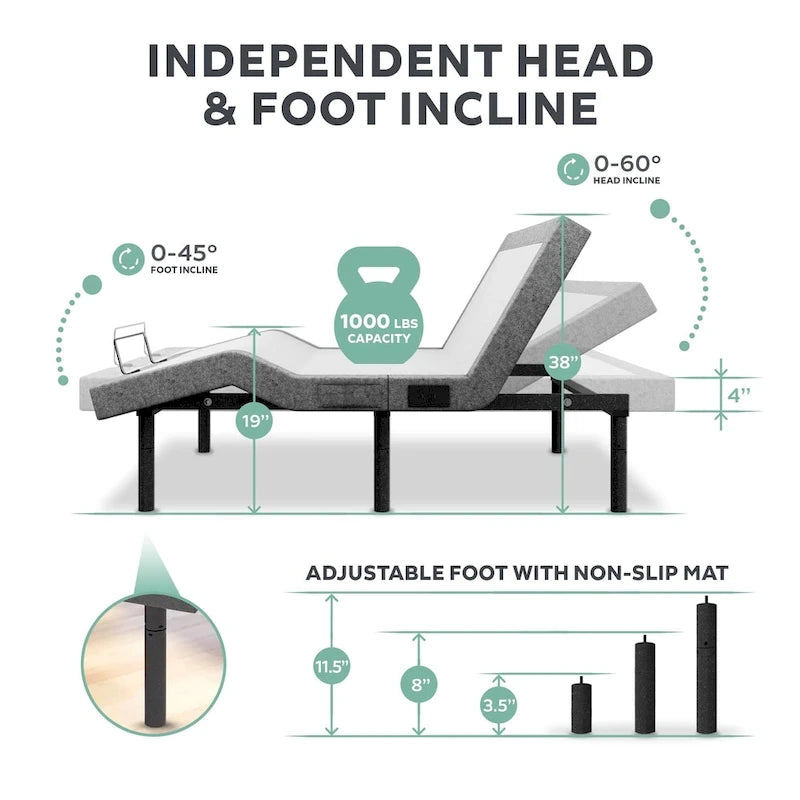 Cadre de lit réglable avec matelas hybride de 35,5 cm, double massage USB, contrôle par application, télécommande - King séparable
