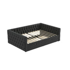 Lit de repos avec lit gigogne, en velours capitonné, avec boutons et clous cuivrés sur accoudoirs carrés, lit de repos double et lit gigogne simple