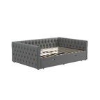 Lit de repos avec lit gigogne, en velours capitonné, avec boutons et clous cuivrés sur accoudoirs carrés, lit de repos double et lit gigogne simple