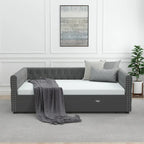 Lit de repos avec lit gigogne, en velours capitonné, avec boutons et clous cuivrés sur accoudoirs carrés, lit de repos double et lit gigogne simple