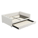 Lit de repos avec lit gigogne, en velours capitonné, avec boutons et clous cuivrés sur accoudoirs carrés, lit de repos double et lit gigogne simple