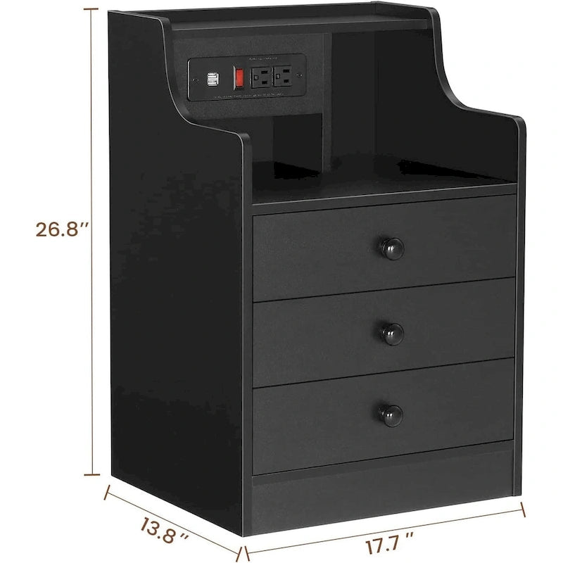 Table de chevet avec niche, 3 tiroirs de rangement et station de charge