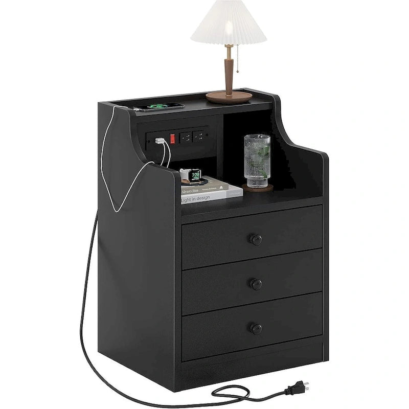 Table de chevet avec niche, 3 tiroirs de rangement et station de charge