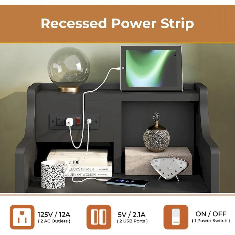 Table de chevet avec niche, 3 tiroirs de rangement et station de charge
