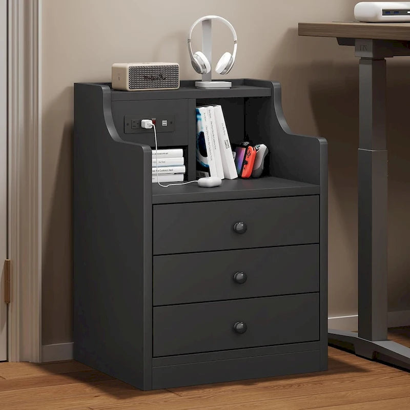 Table de chevet avec niche, 3 tiroirs de rangement et station de charge
