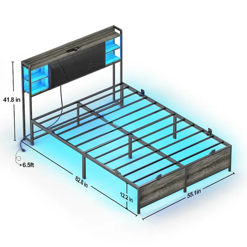 Cadre de lit avec rangement, tête de lit rembourrée, station de charge et lumières LED RGB
