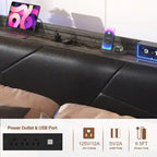 Cadre de lit avec rangement, tête de lit rembourrée, station de charge et lumières LED RGB