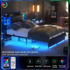 Cadre de lit avec rangement, tête de lit rembourrée, station de charge et lumières LED RGB
