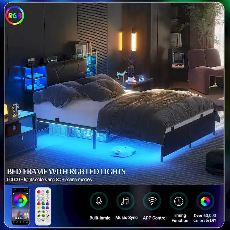 Cadre de lit avec rangement, tête de lit rembourrée, station de charge et lumières LED RGB