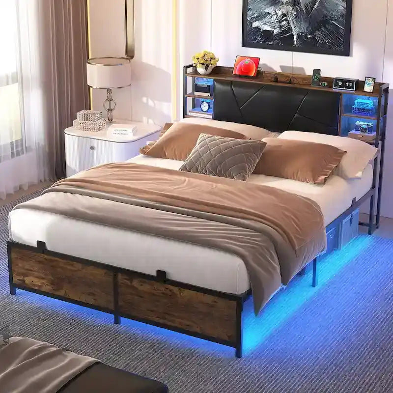 Cadre de lit avec rangement, tête de lit rembourrée, station de charge et lumières LED RGB