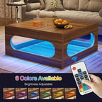 Table basse carrée de 43 pouces avec lumière LED, table centrale de cocktail en bois à 2 niveaux avec rangement pour salon, bureau à domicile