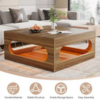 Table basse carrée de 43 pouces avec lumière LED, table centrale de cocktail en bois à 2 niveaux avec rangement pour salon, bureau à domicile