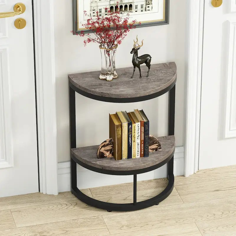 Table d'appoint demi-ronde à 2 niveaux avec rangement pour canapé, salon