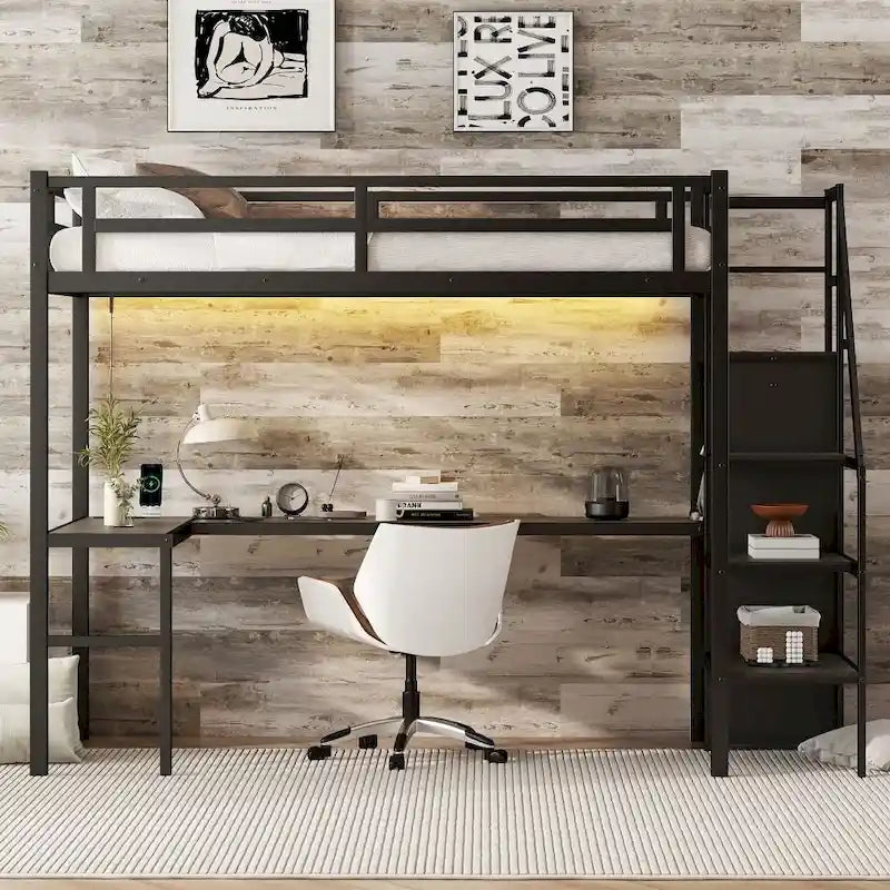 Lit mezzanine en métal avec bureau en L et port USB