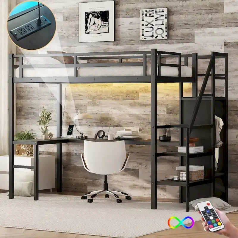 Lit mezzanine en métal avec bureau en L et port USB