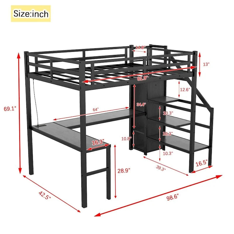 Lit mezzanine en métal avec bureau en L et port USB