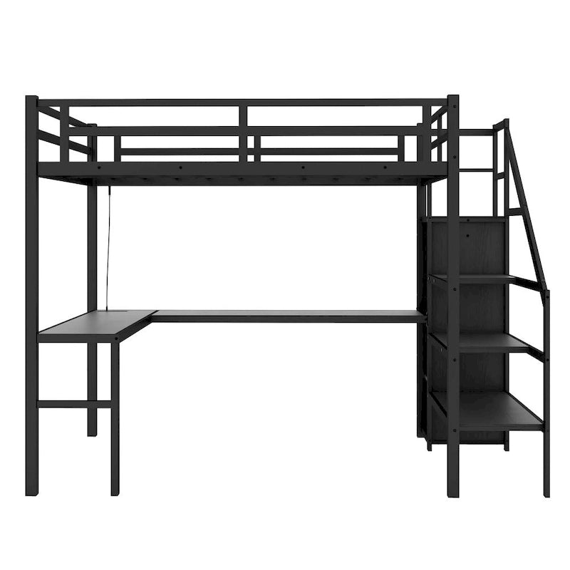 Lit mezzanine en métal avec bureau en L et port USB