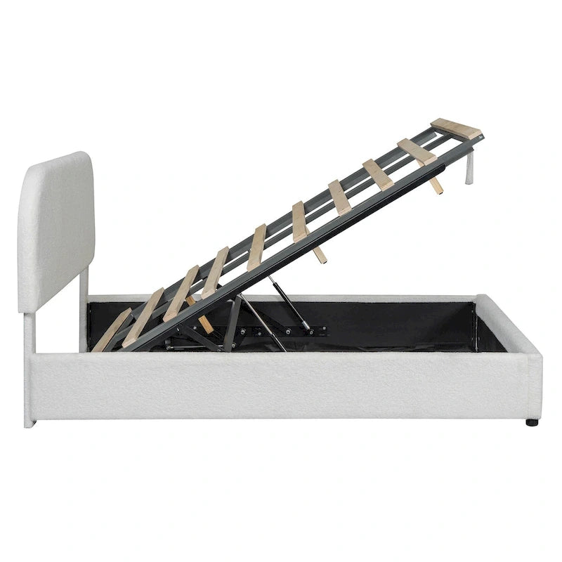 Lit plateforme rembourré en molleton Teddy avec système de rangement hydraulique