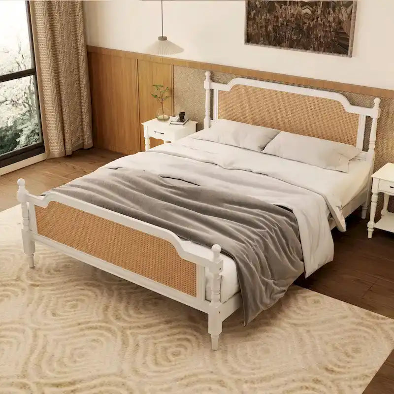 Cadre de lit Queen Size en rotin de style traditionnel, aucun sommier tapissier requis