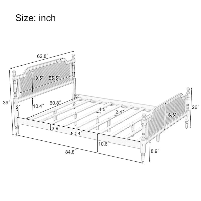 Cadre de lit Queen Size en rotin de style traditionnel, aucun sommier tapissier requis