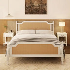 Cadre de lit Queen Size en rotin de style traditionnel, aucun sommier tapissier requis