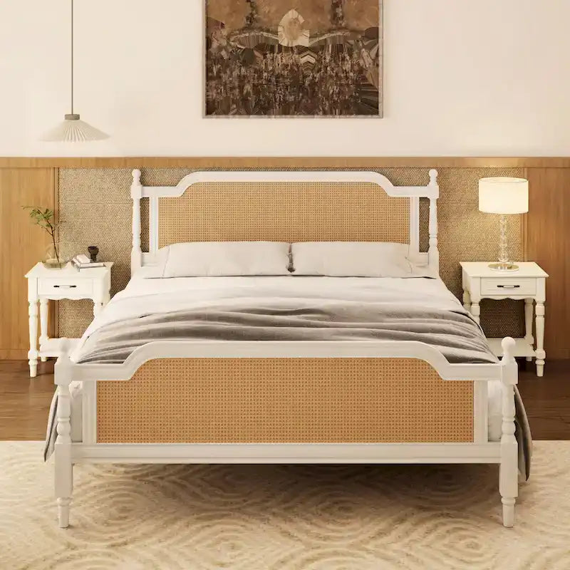 Cadre de lit Queen Size en rotin de style traditionnel, aucun sommier tapissier requis