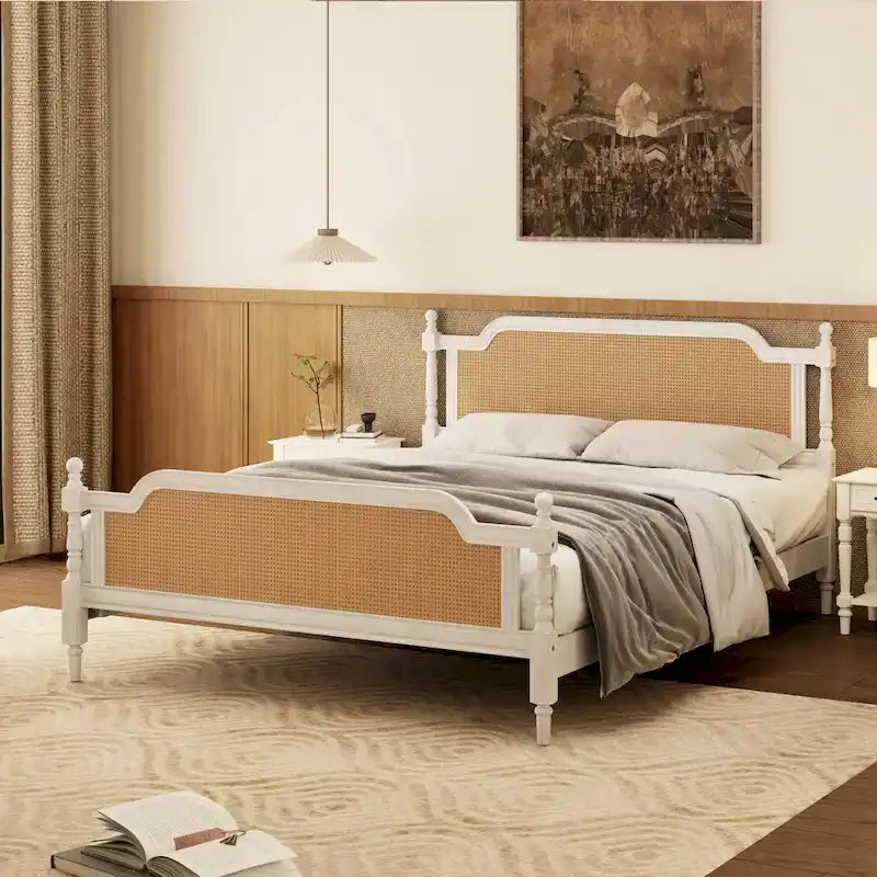 Cadre de lit Queen Size en rotin de style traditionnel, aucun sommier tapissier requis